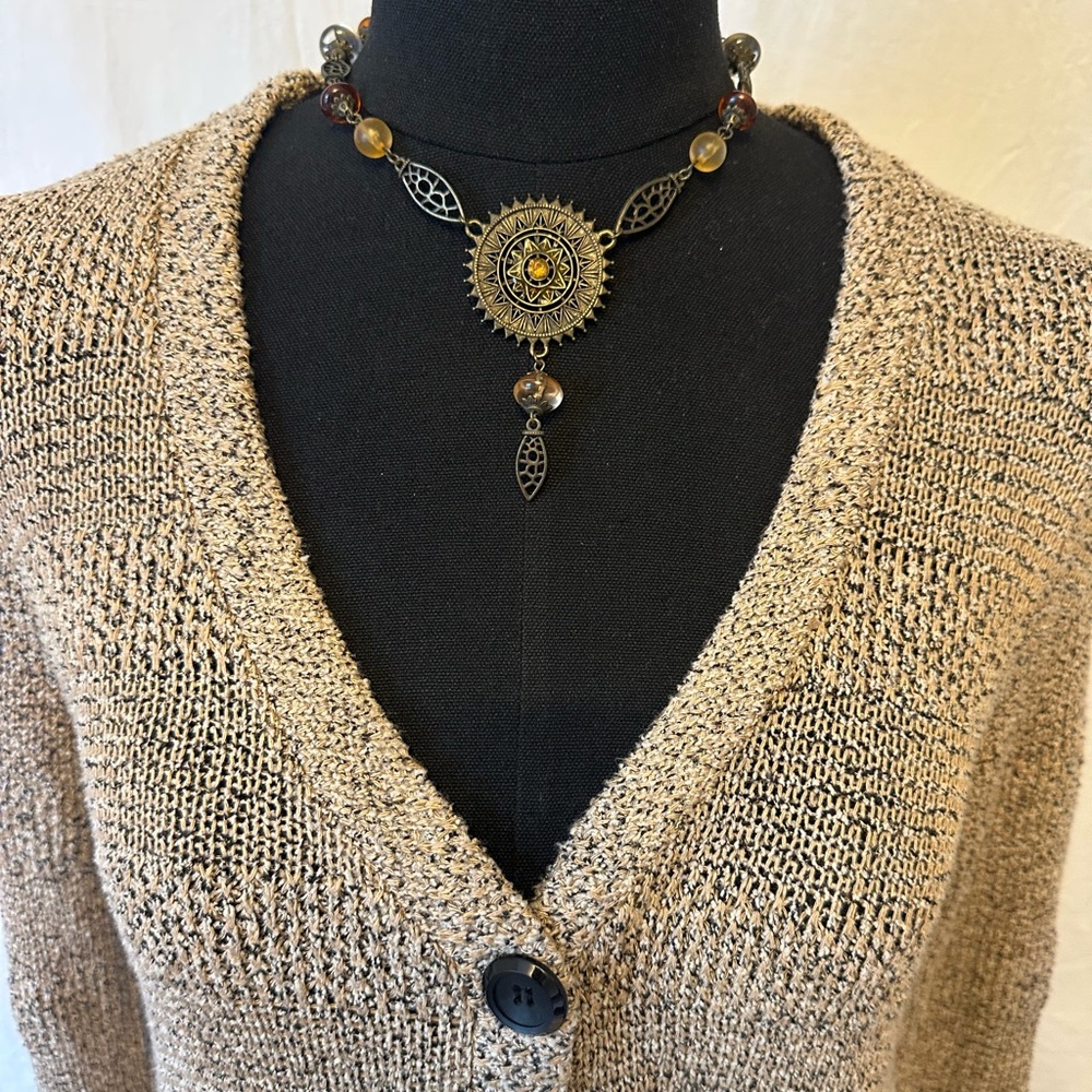 Boho Sunburst Medallion Statement Necklace Amber Beads Filigree
